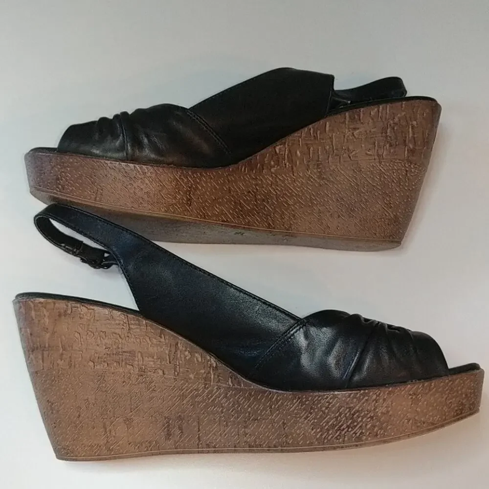 ALDO Black Wedge Peep Toe Slingback Sandals 39